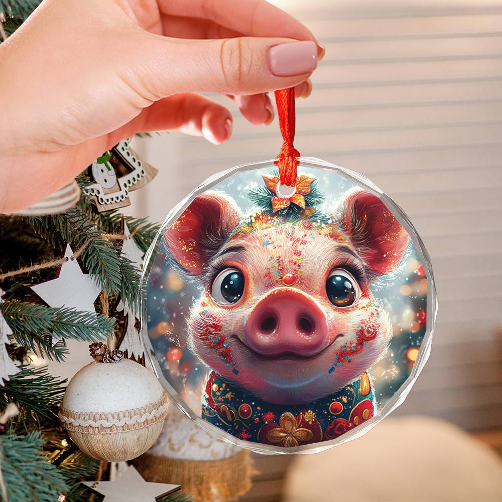 Beautiful Pig Christmas Night Design 1 Glass Ornament