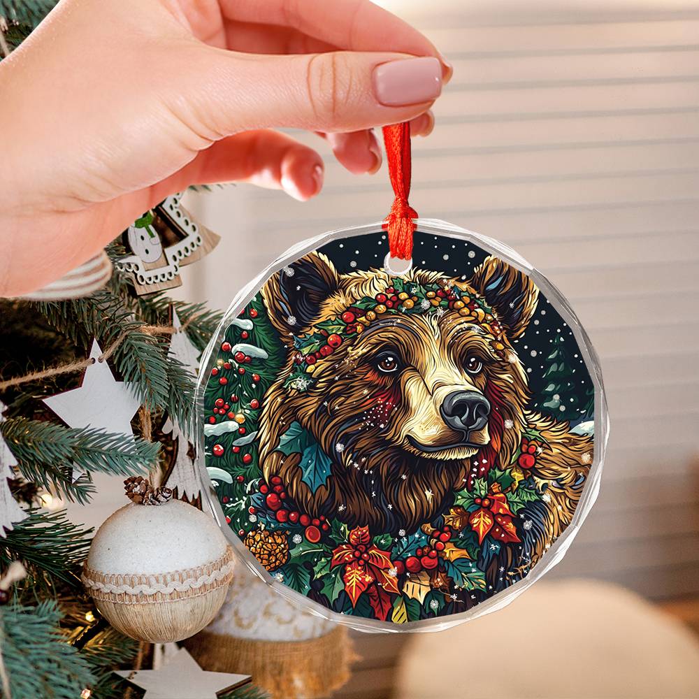 Beautiful Angus Grizzly Bear Christmas Night Design 4 Glass Ornament