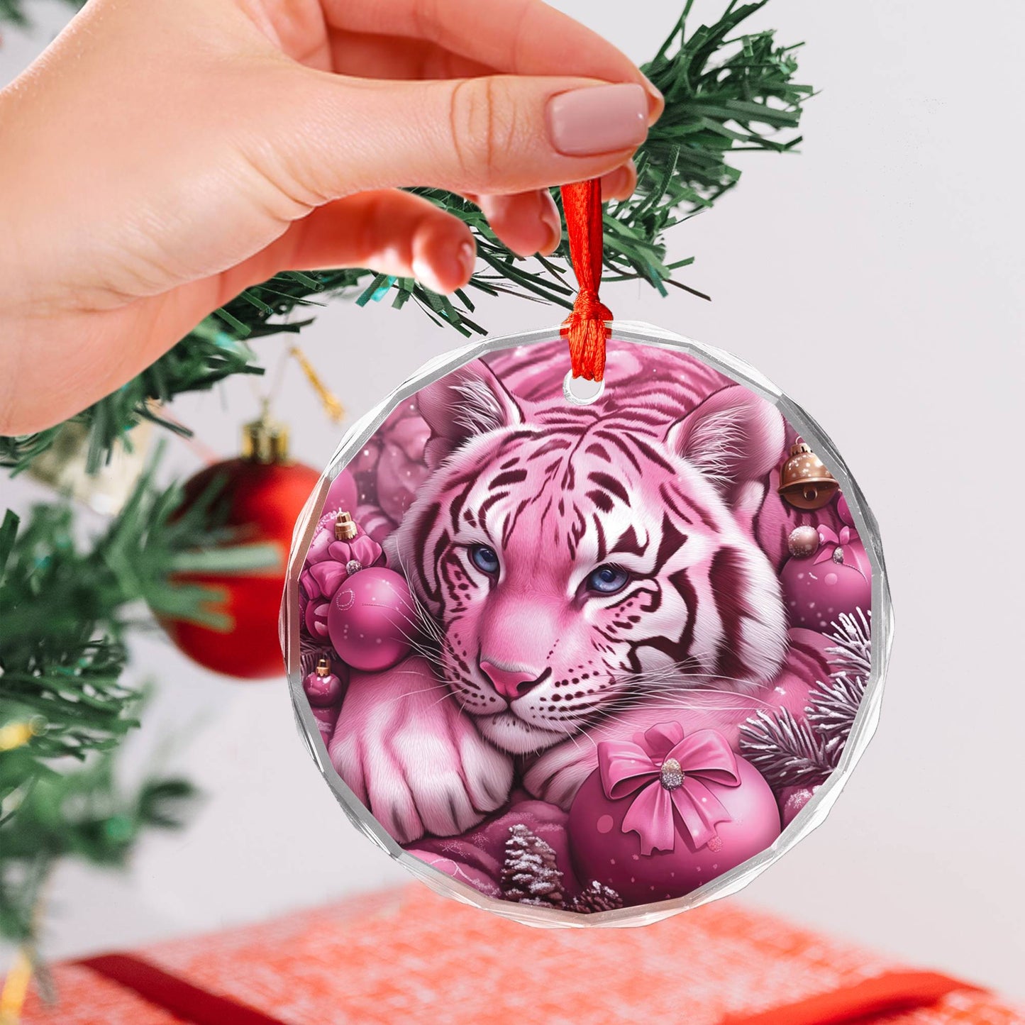 Tiger Pink Christmas Design 1 Glass Ornament