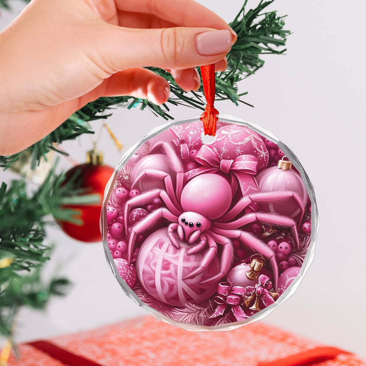 Spider Pink Christmas Design 3 Glass Ornament