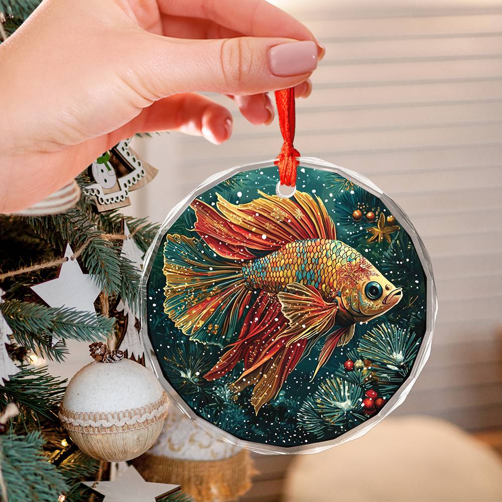 Beautiful Angus Betta Fish Christmas Night Design 1 Glass Ornament