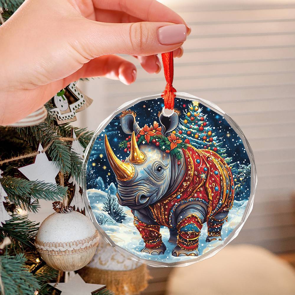 Beautiful Rhino Christmas Night Design 2 Glass Ornament