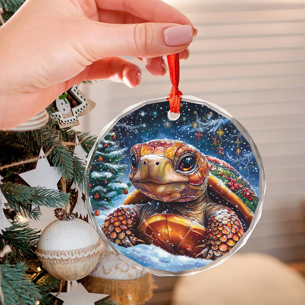 Beautiful Tortoise Christmas Night Design 1 Glass Ornament