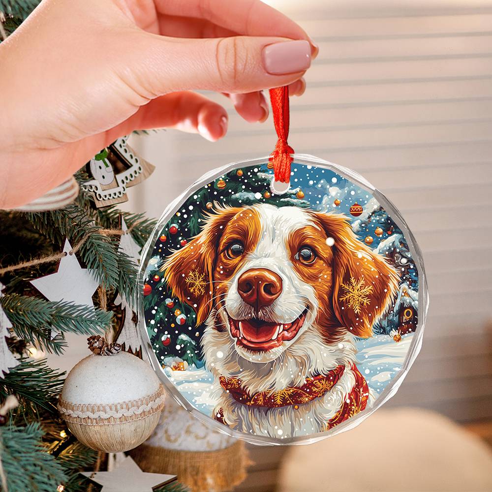 Beautiful Brittany Dog Christmas Night Design 1 Glass Ornament