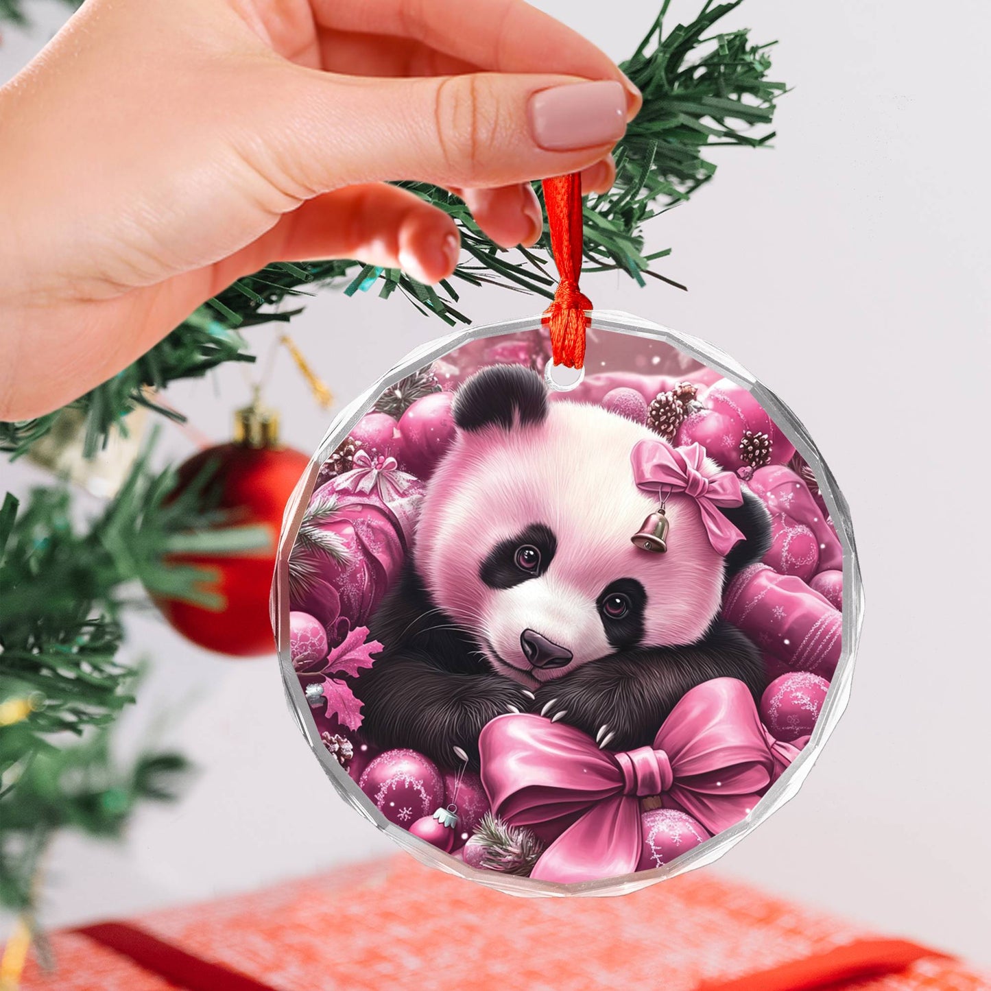 Panda Pink Christmas Design 2 Glass Ornament