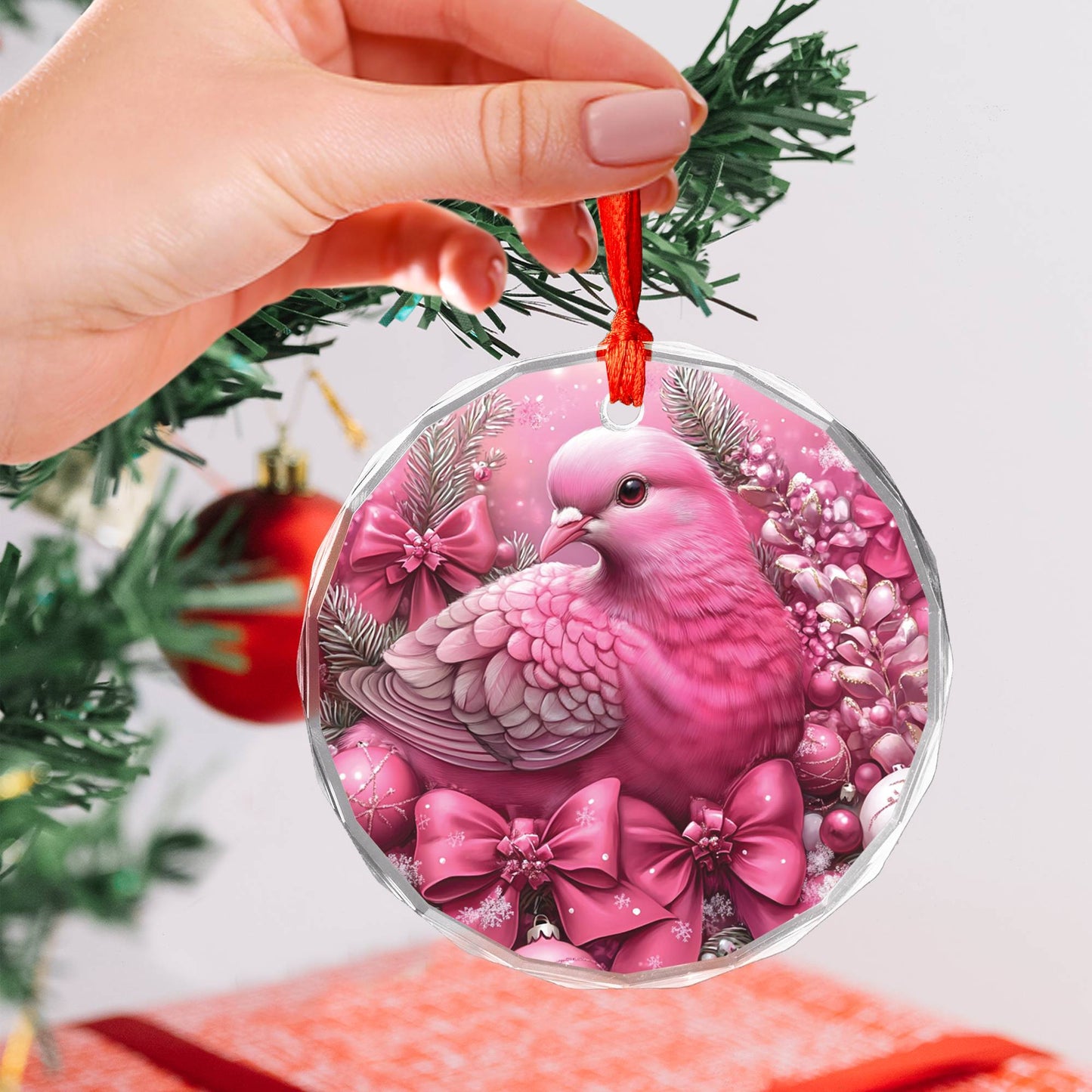 Pigeon Pink Christmas Design 4 Glass Ornament
