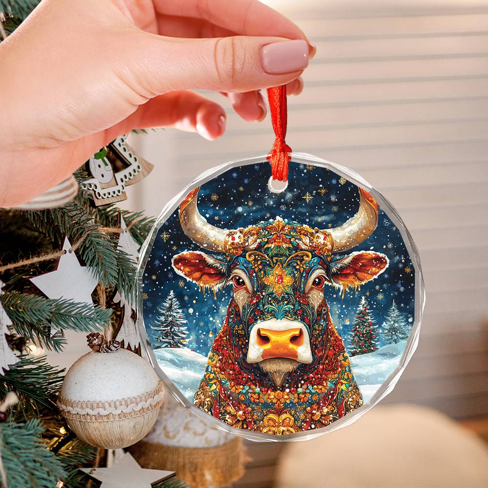 Beautiful Bull Christmas Night Design 3 Glass Ornament