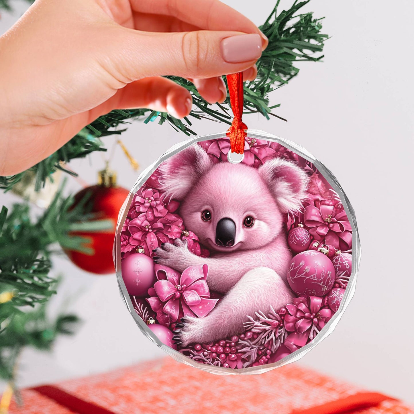 Koala Pink Christmas Design 2 Glass Ornament