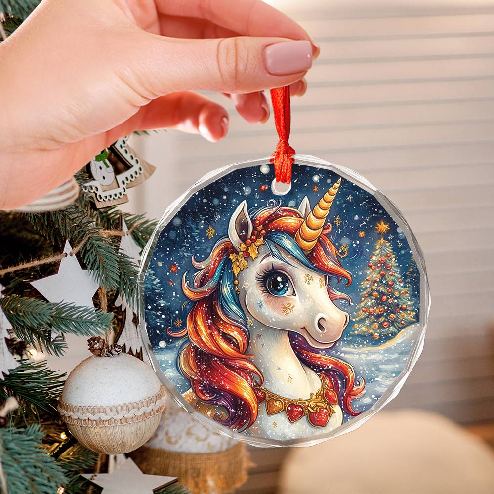 Beautiful Angus Unicorn Christmas Night Design 3 Glass Ornament