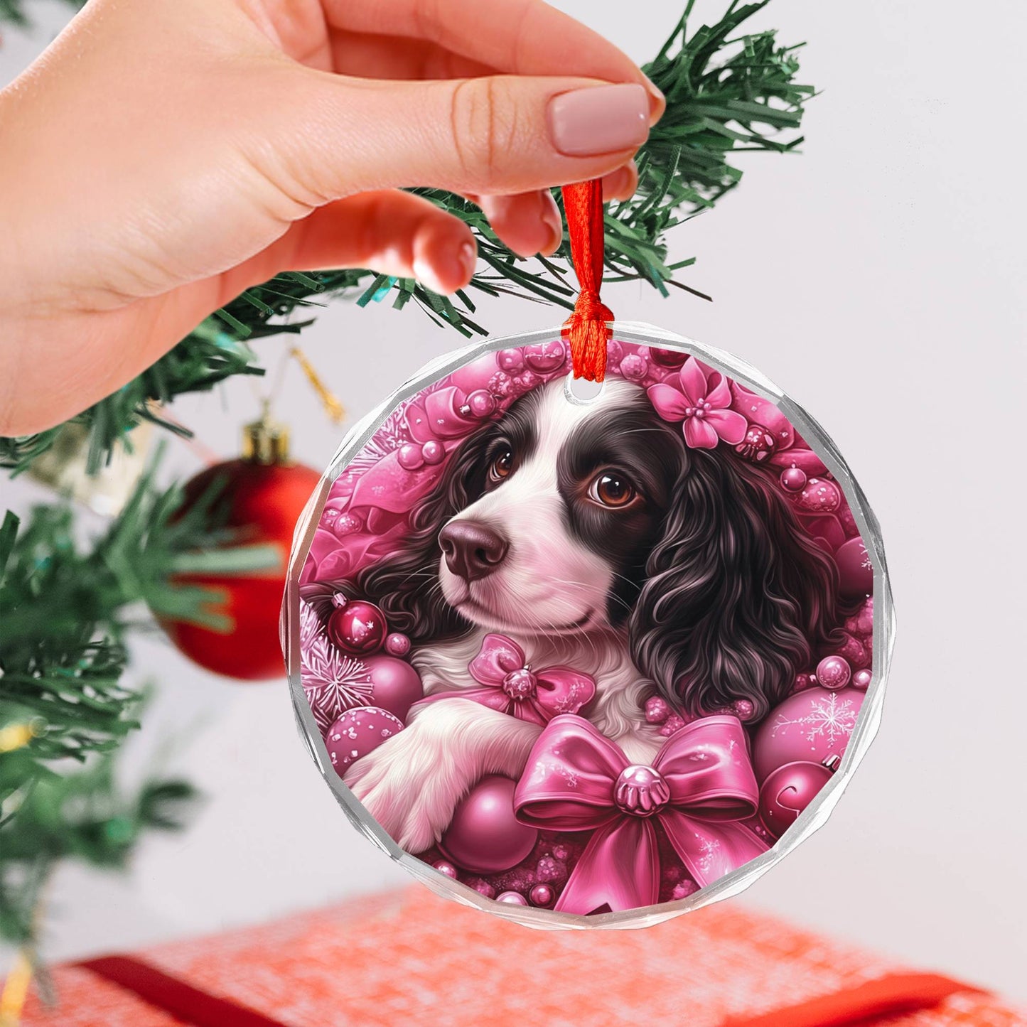 English Springer Spaniel Dog Pink Christmas Design 3 Glass Ornament