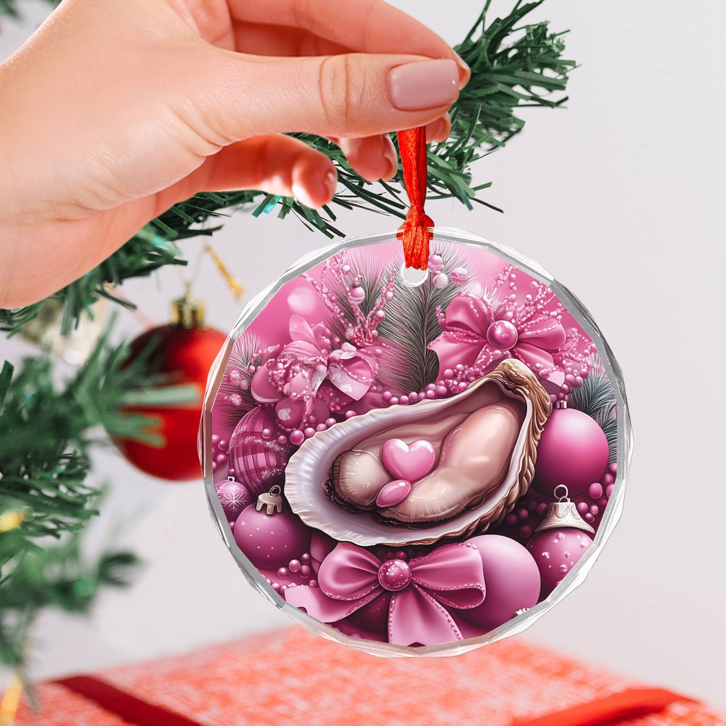 Oysters Pink Christmas Design 3 Glass Ornament