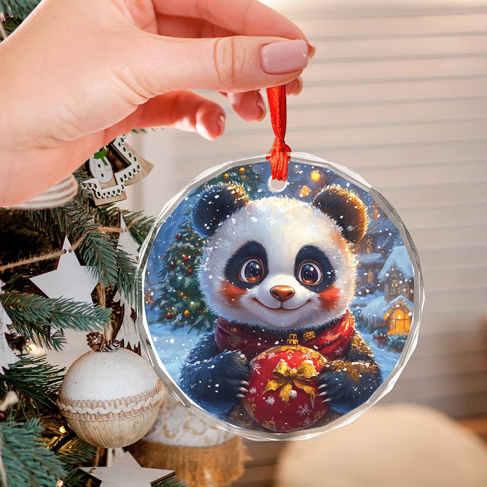 Beautiful Angus Panda Christmas Night Design 3 Glass Ornament