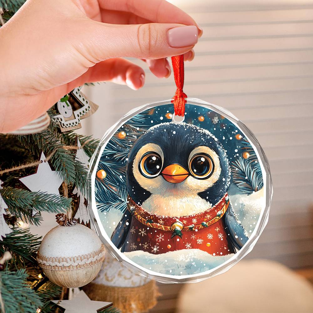 Beautiful Angus Penguin Christmas Night Design 1 Glass Ornament