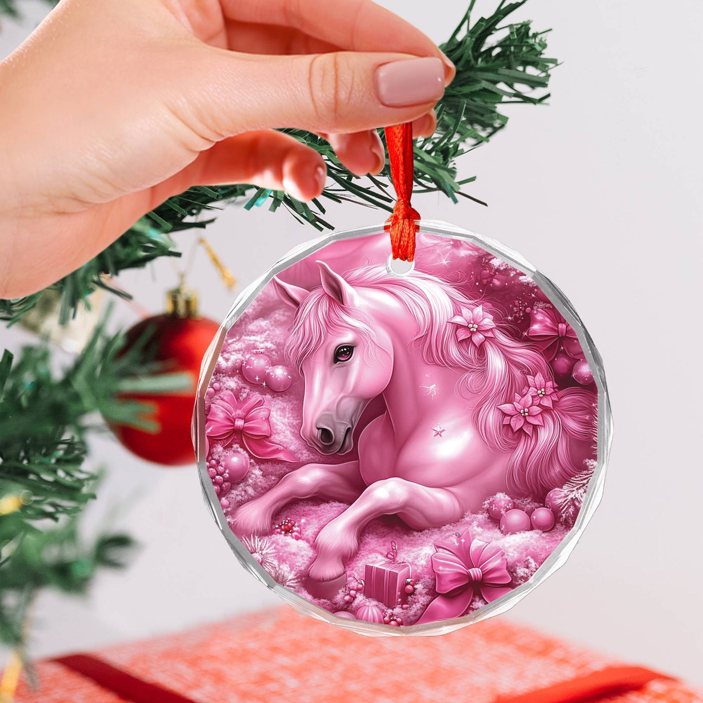 Horse Pink Christmas Design 1 Glass Ornament