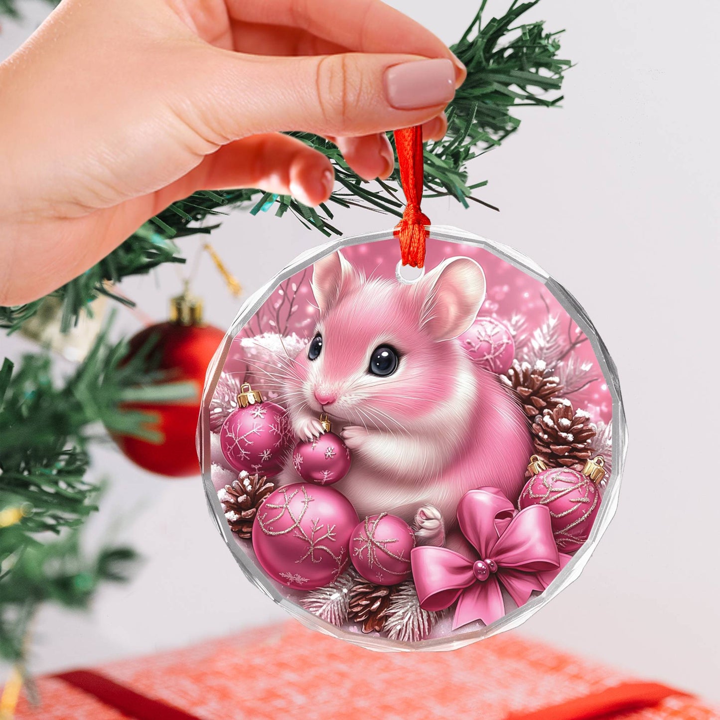 Hamster Pink Christmas Design 1 Glass Ornament