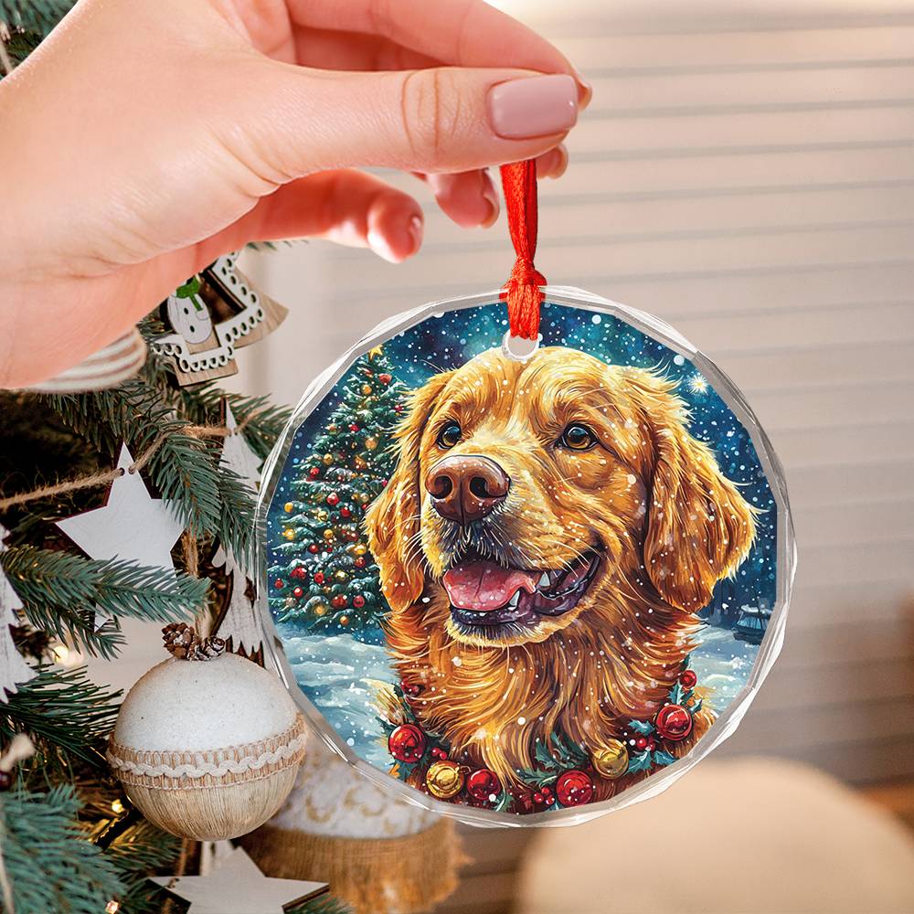 Beautiful Golden Retriever Dog Christmas Night Design 1 Glass Ornament