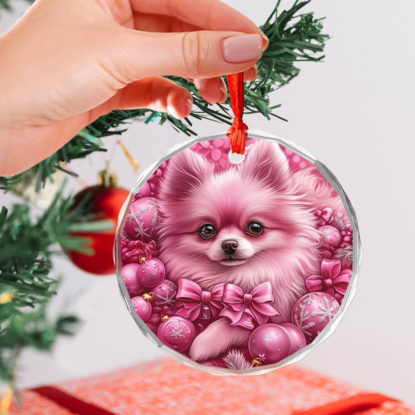 Pomeranian Dog Pink Christmas Design 1 Glass Ornament