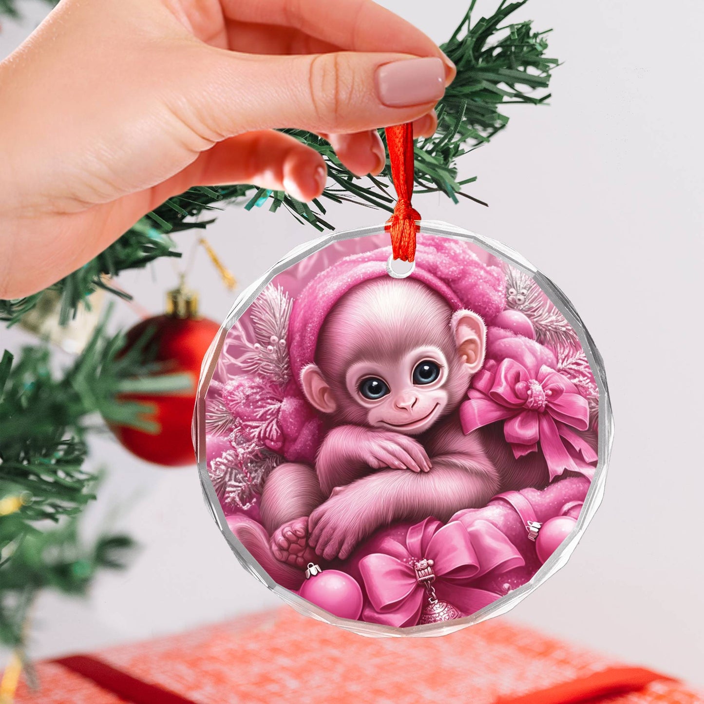 Monkey Pink Christmas Design 2 Glass Ornament