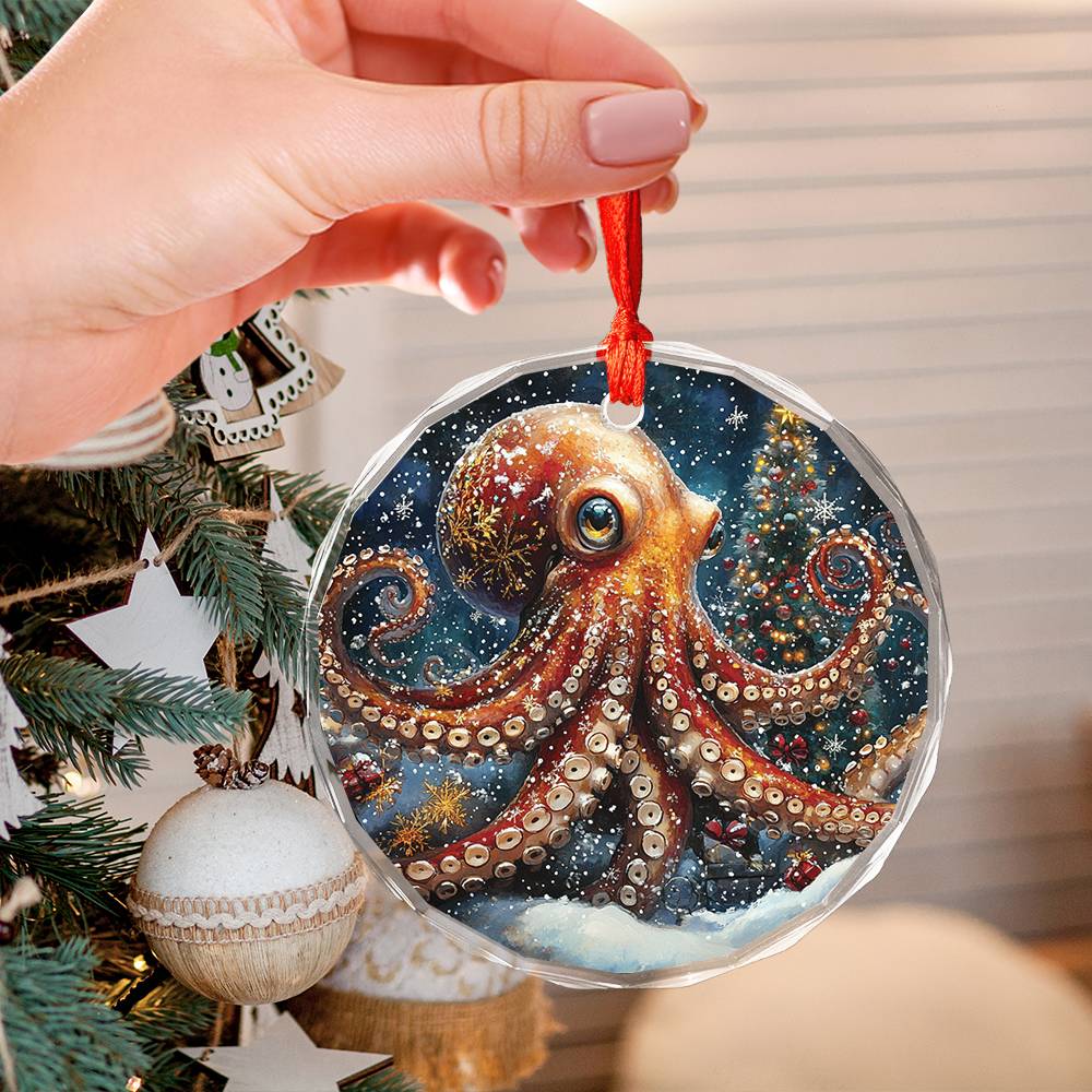 Beautiful Angus Octopus Christmas Night Design 2 Glass Ornament