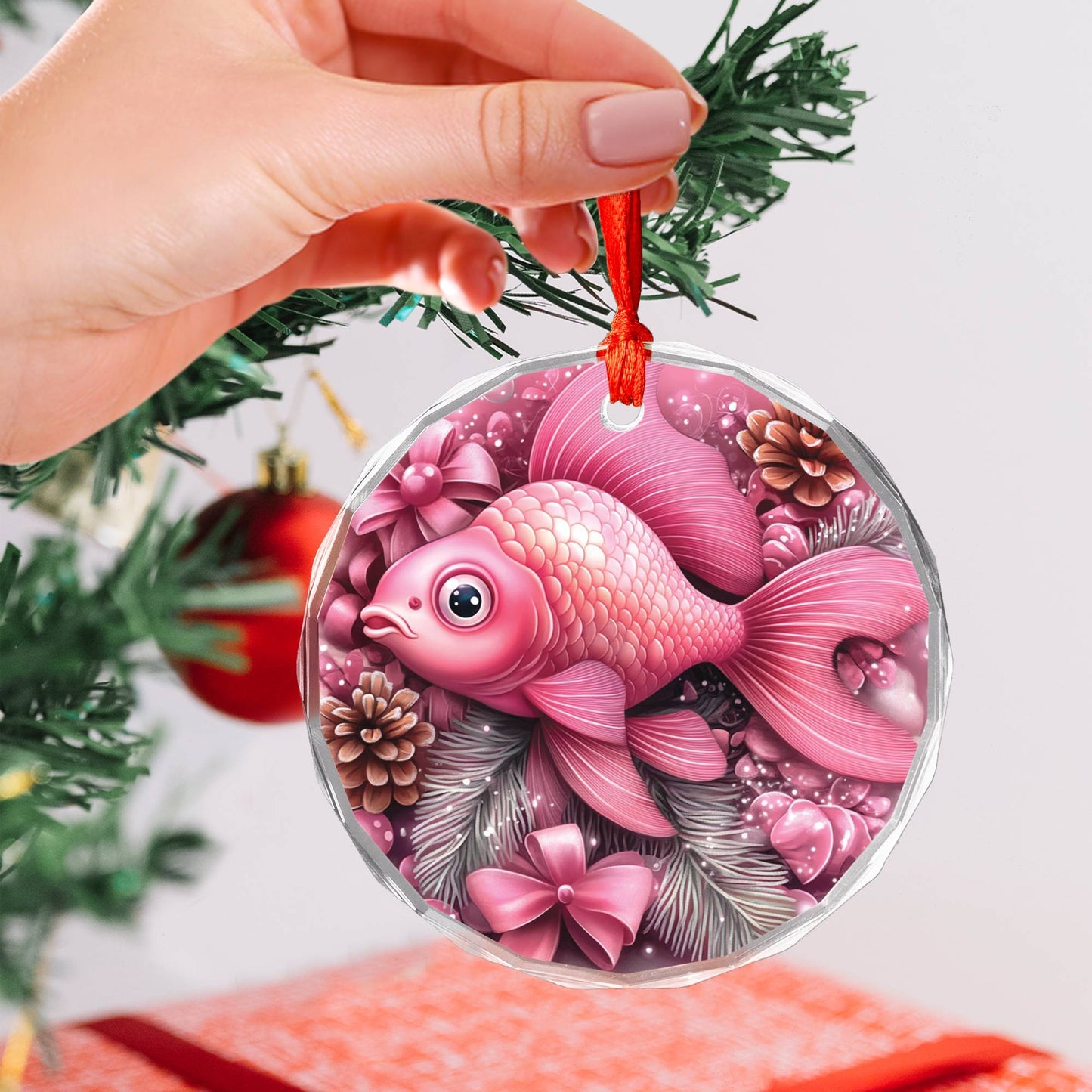 Goldfish Pink Christmas Design 4 Glass Ornament