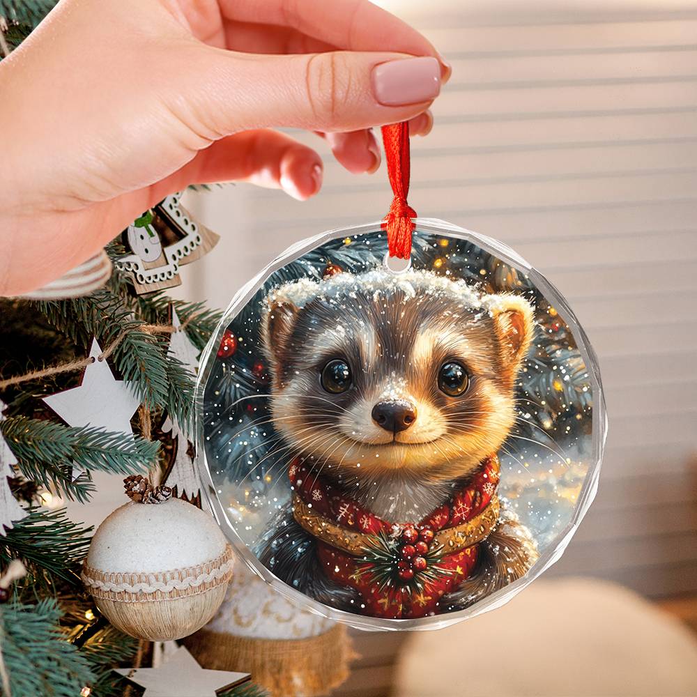 Beautiful Ferret Christmas Night Design 2 Glass Ornament