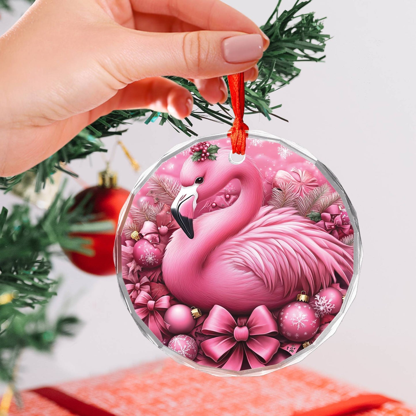 Flamingo Pink Christmas Design 2 Glass Ornament