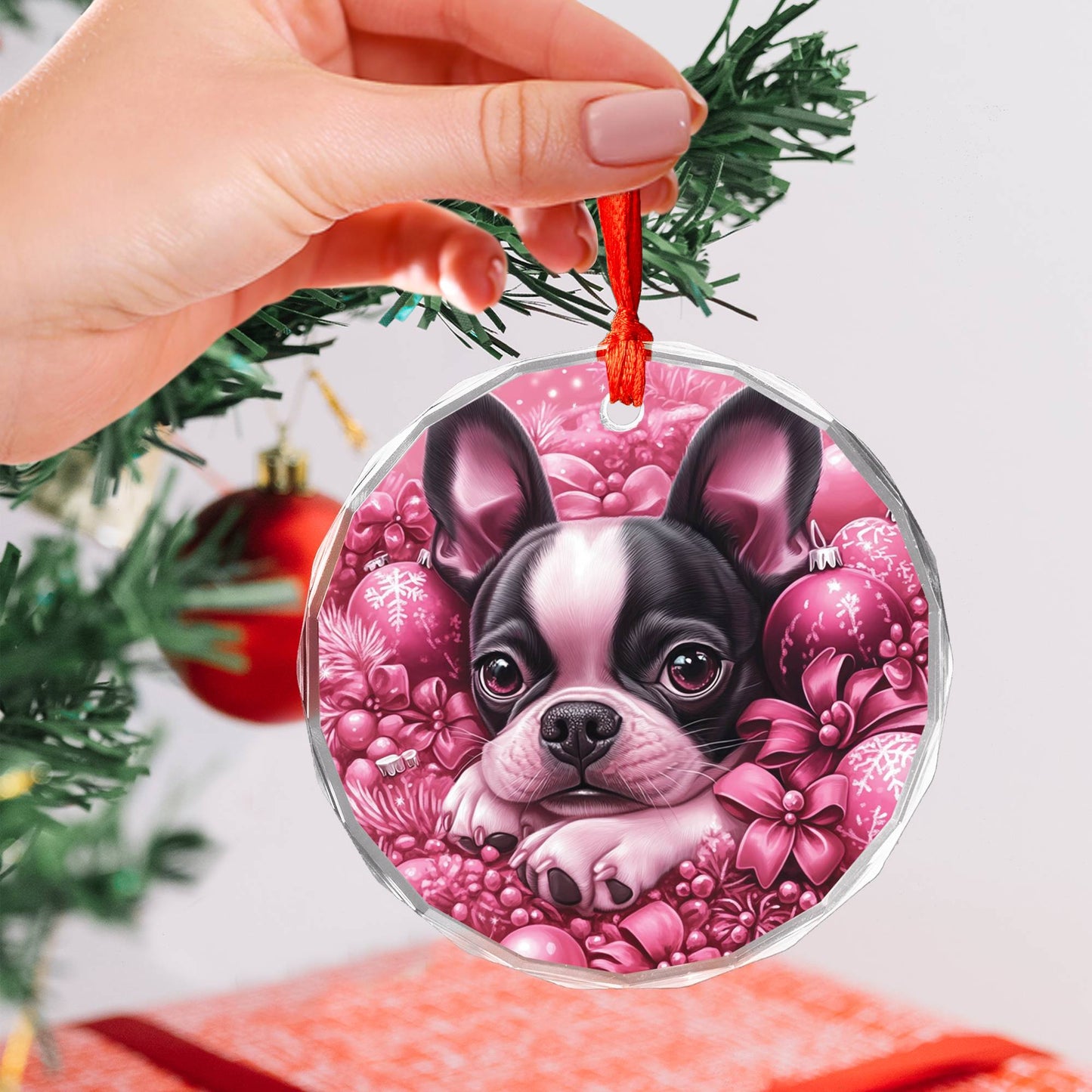 Boston Terrier Dog Pink Christmas Design 4 Glass Ornament