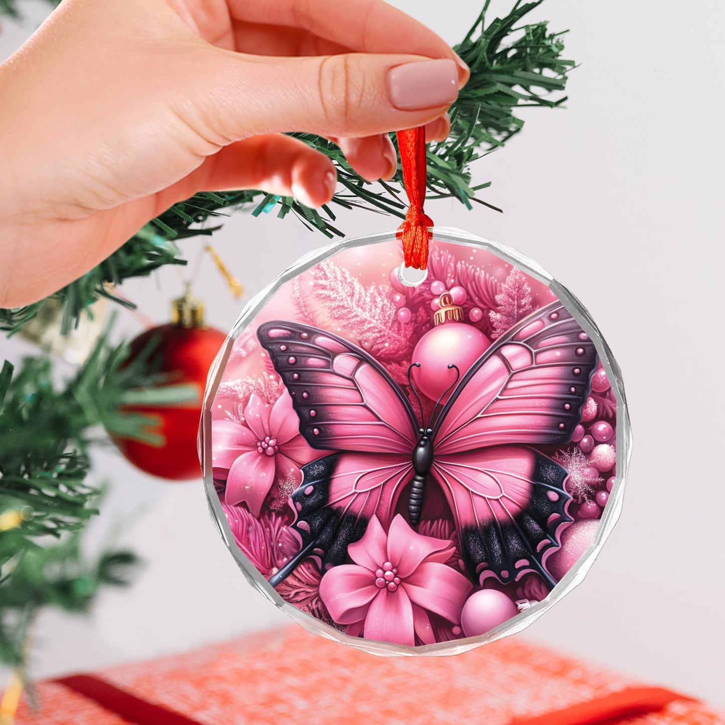 Butterfly Pink Christmas Design 4 Glass Ornament