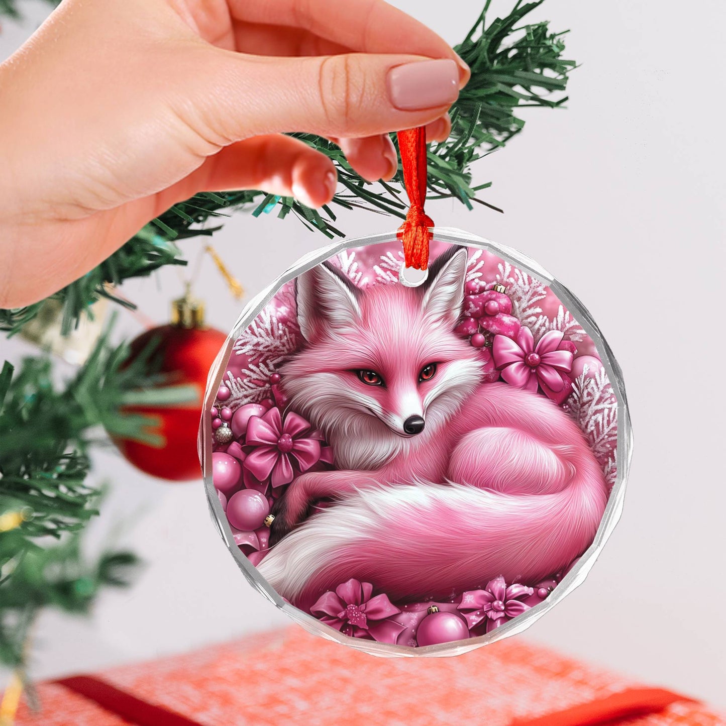 Fox Pink Christmas Design 2 Glass Ornament