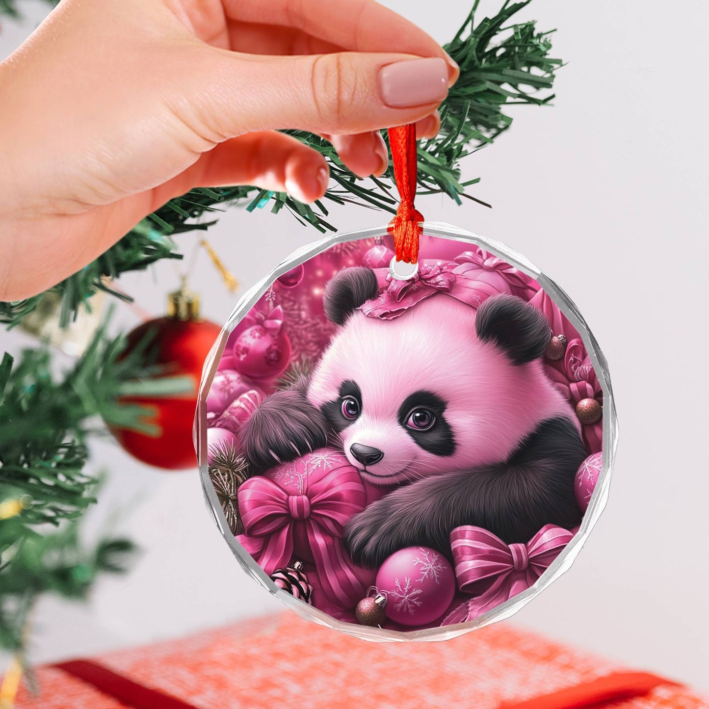Panda Pink Christmas Design 3 Glass Ornament