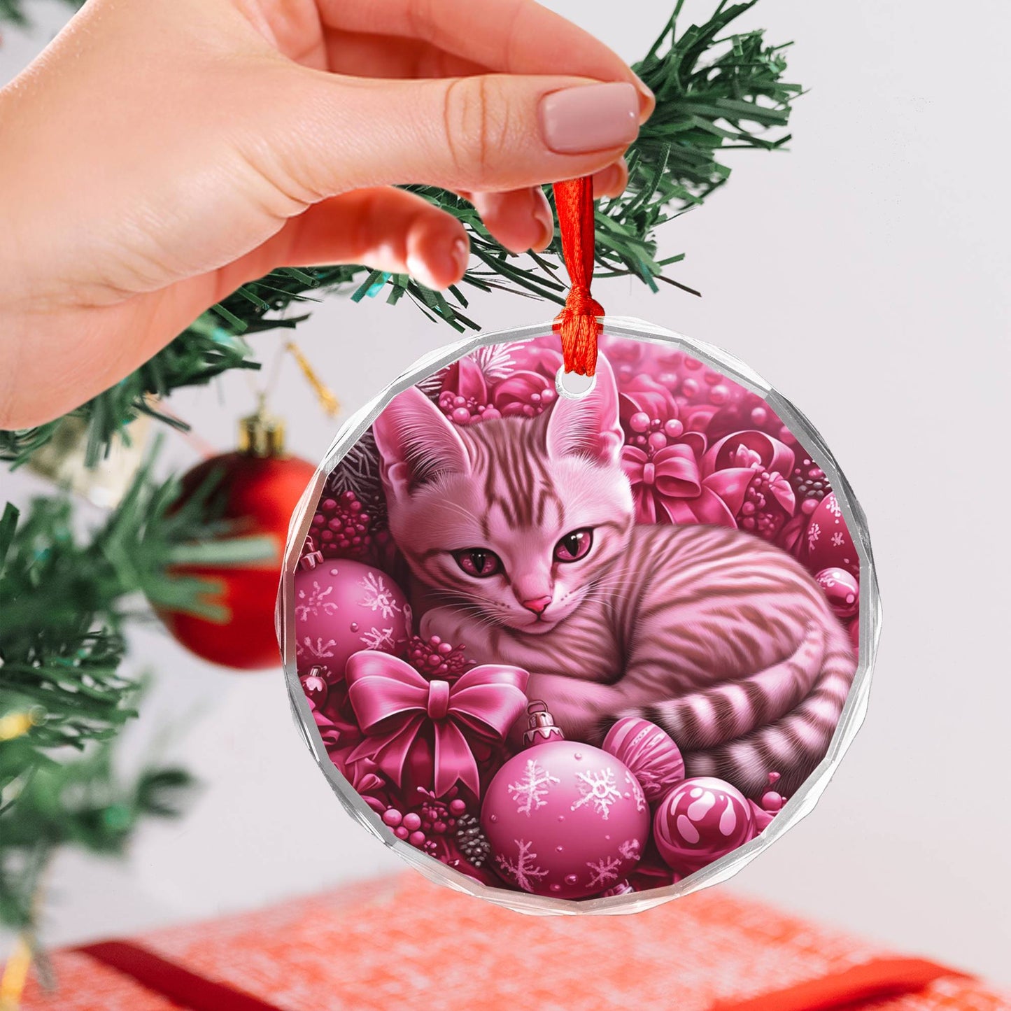 Egyptian Mau Cat Pink Christmas Design 1 Glass Ornament