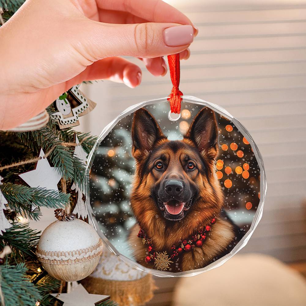 Beautiful German Shepherd Dog Christmas Night Design 2 Glass Ornament
