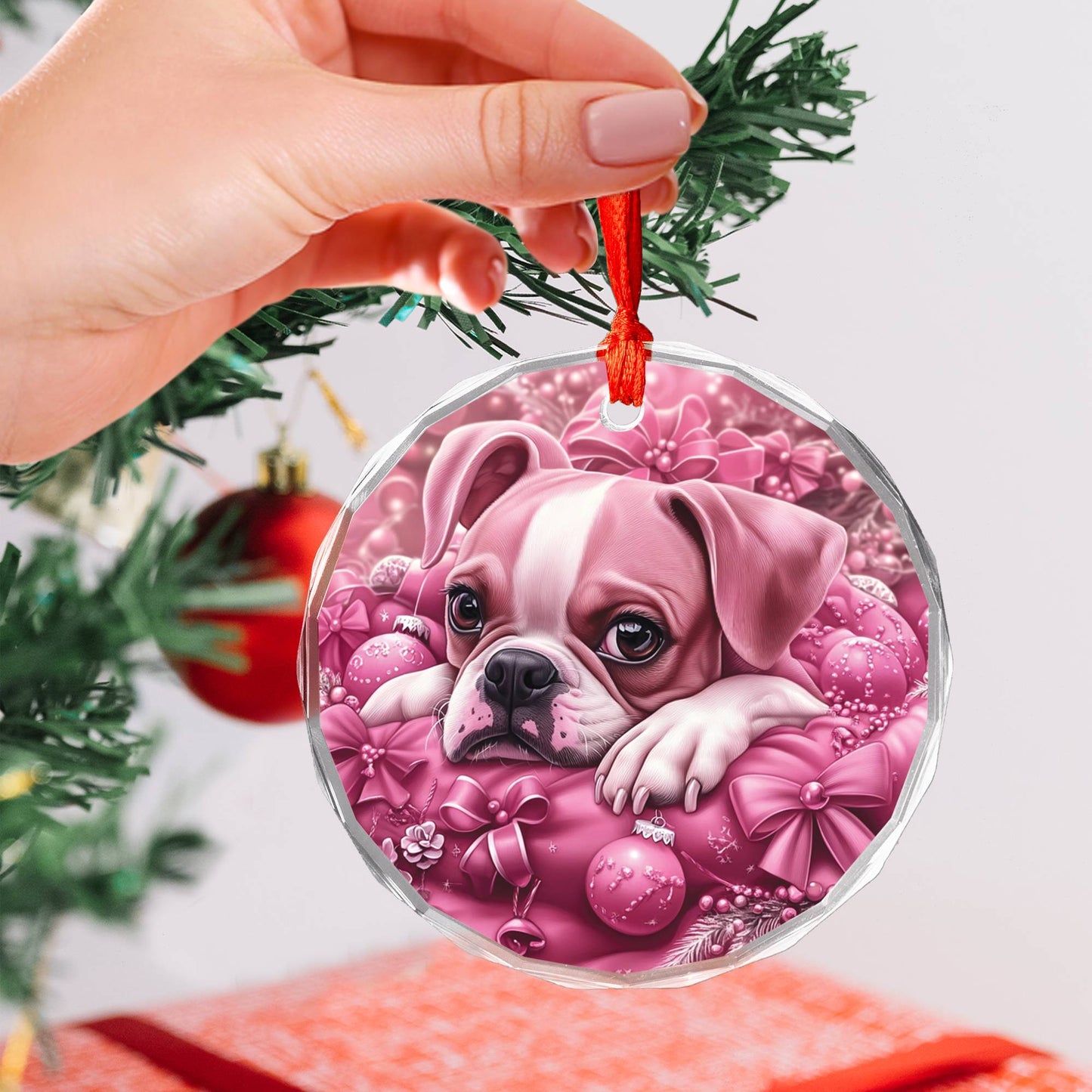 Boxer Dog Pink Christmas Design 1 Glass Ornament