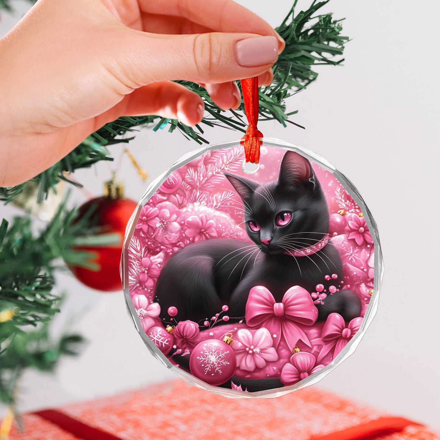 Bombay Cat Pink Christmas Design 1 Glass Ornament