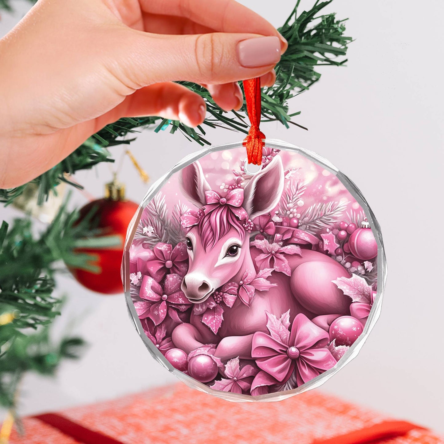 Mule Pink Christmas Design 1 Glass Ornament