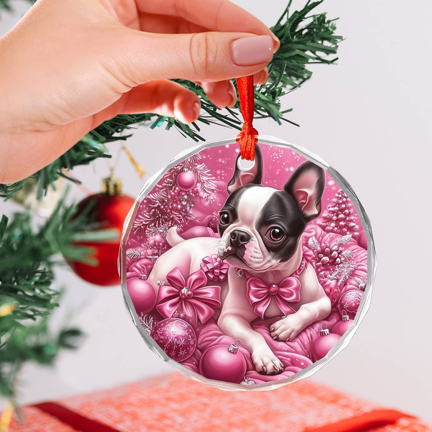 Boston Terrier Dog Pink Christmas Design 1 Glass Ornament