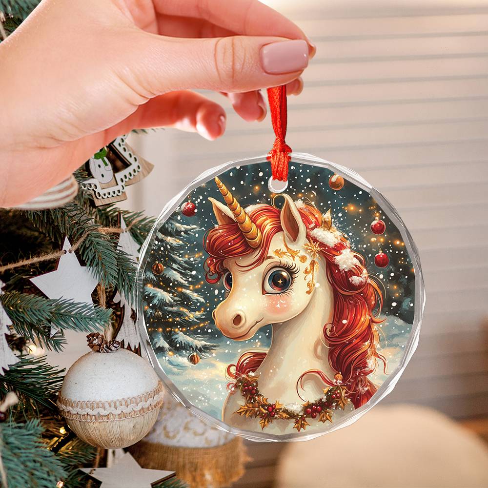 Beautiful Angus Unicorn Christmas Night Design 2 Glass Ornament