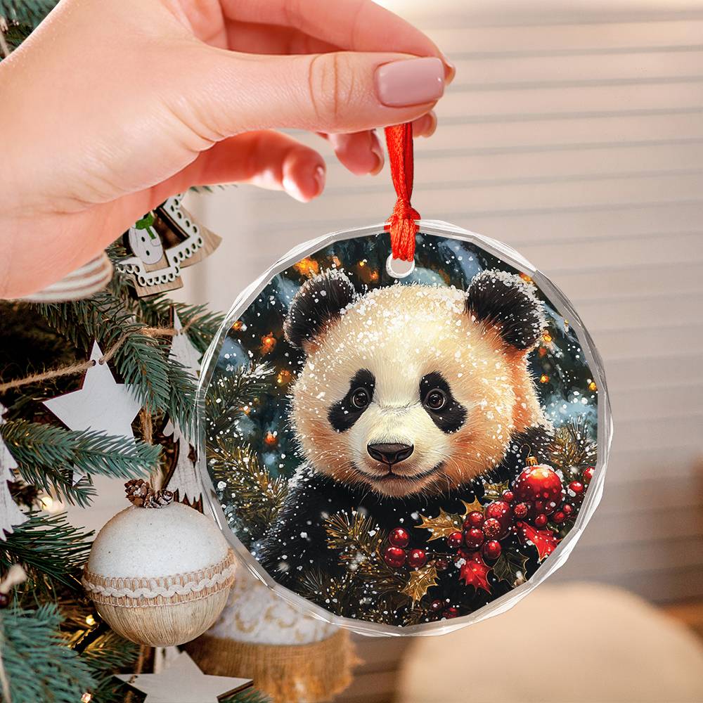 Beautiful Angus Panda Christmas Night Design 2 Glass Ornament