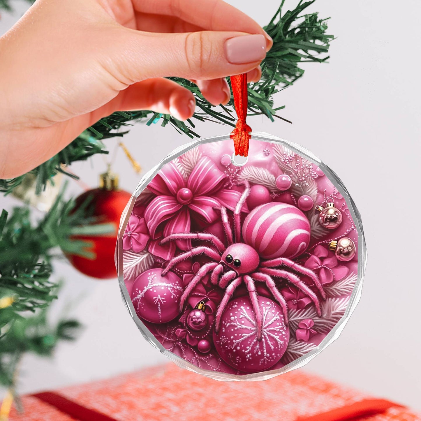 Spider Pink Christmas Design 1 Glass Ornament