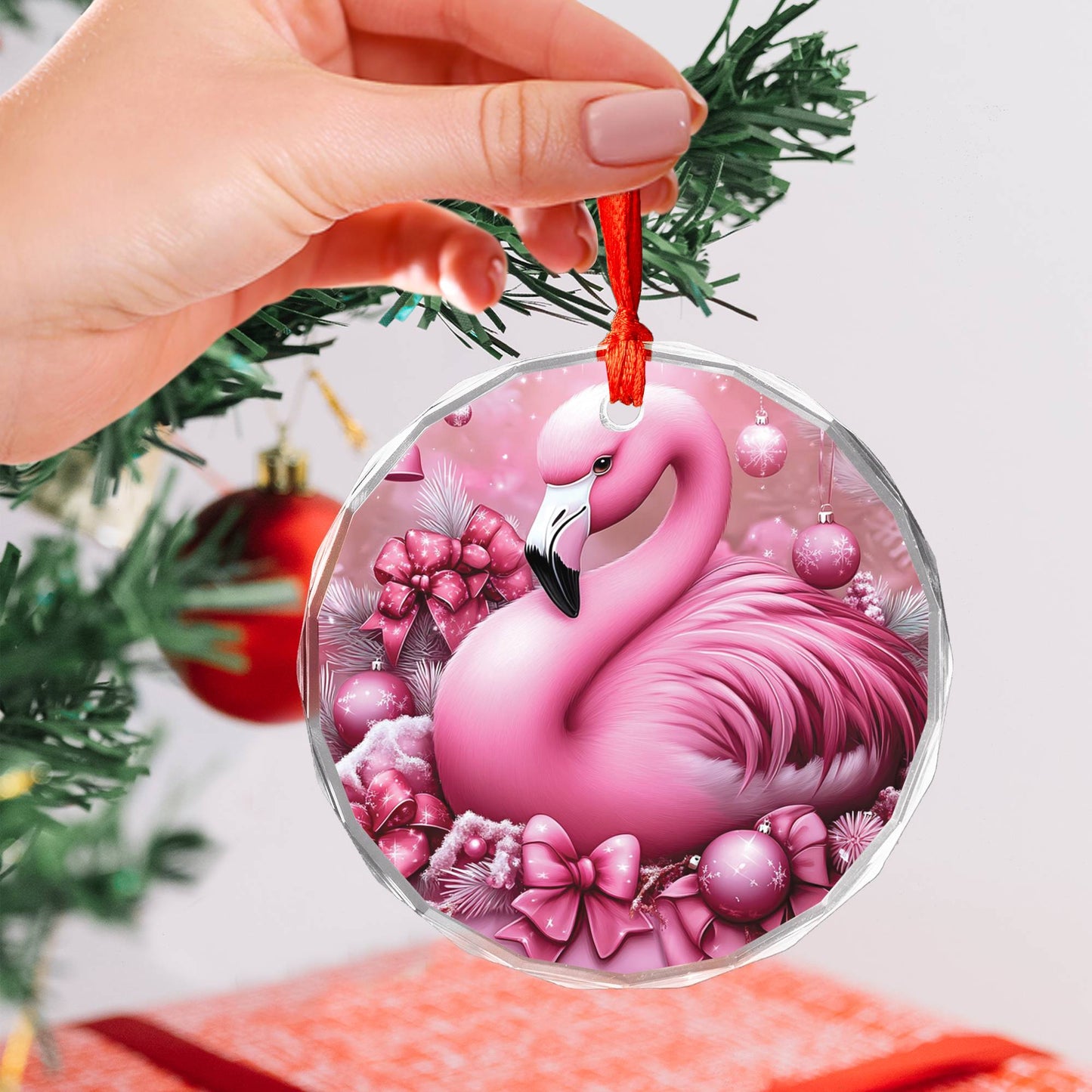 Flamingo Pink Christmas Design 1 Glass Ornament