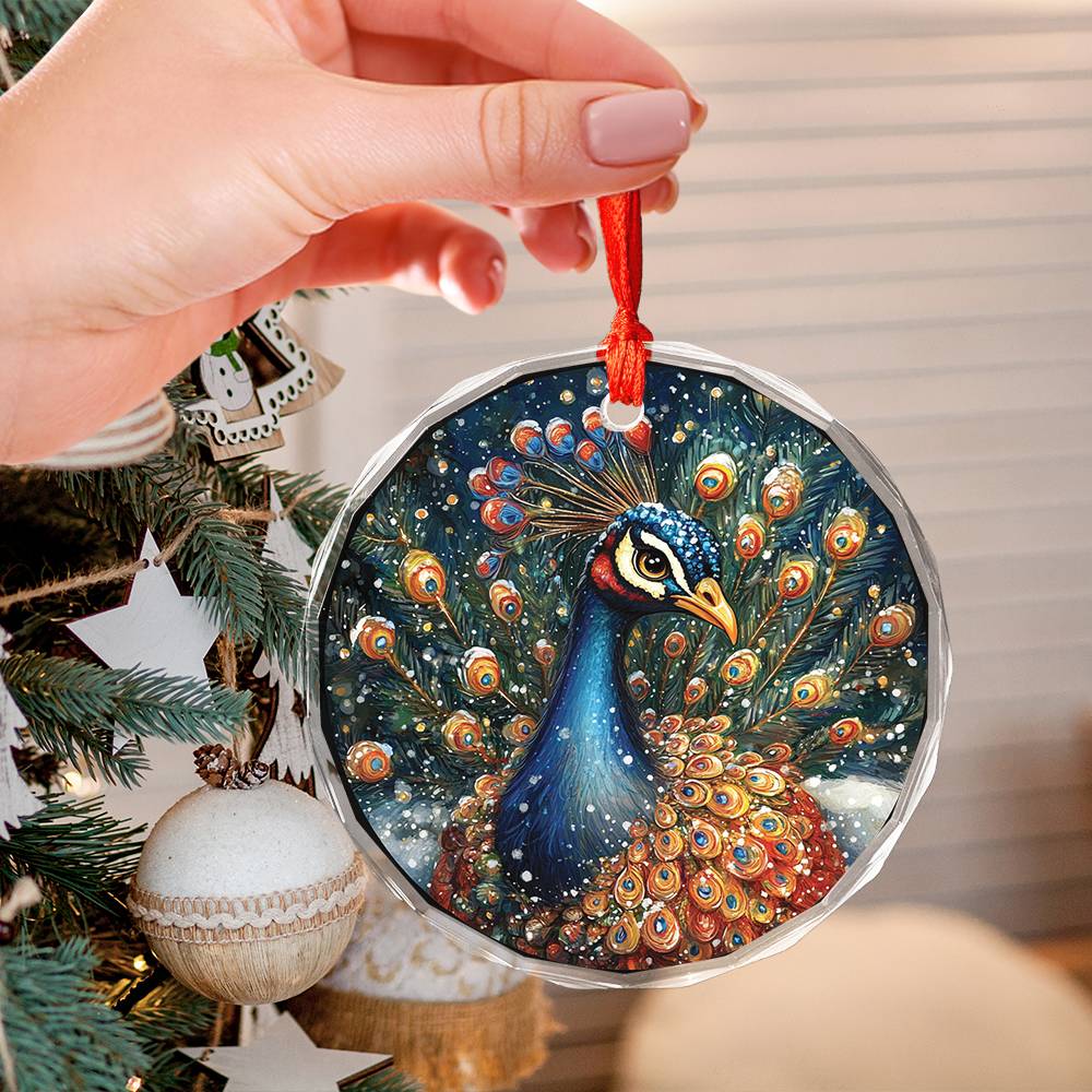 Beautiful Peacock Christmas Night Design 2 Glass Ornament