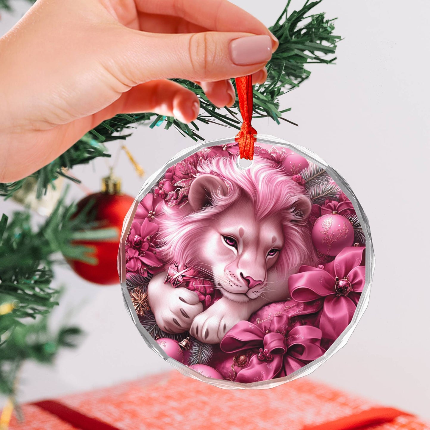 Lion Pink Christmas Design 4 Glass Ornament