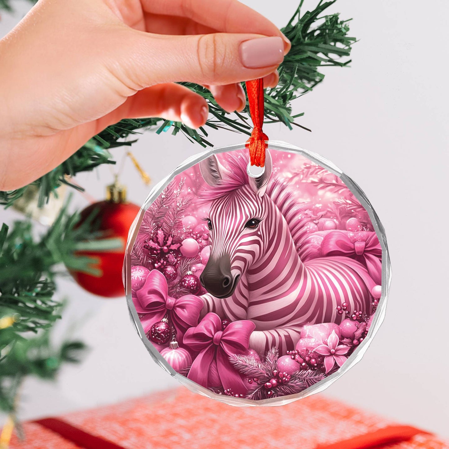 Zebra Pink Christmas Design 4 Glass Ornament
