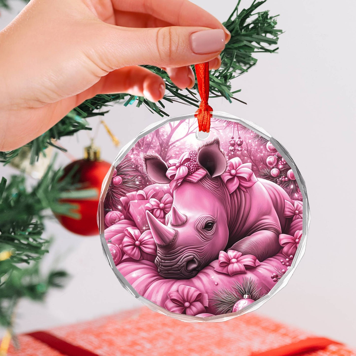 Rhino Pink Christmas Design 1 Glass Ornament
