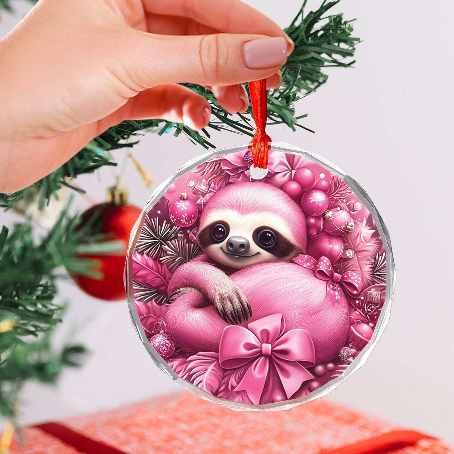Sloth Pink Christmas Design 1 Glass Ornament