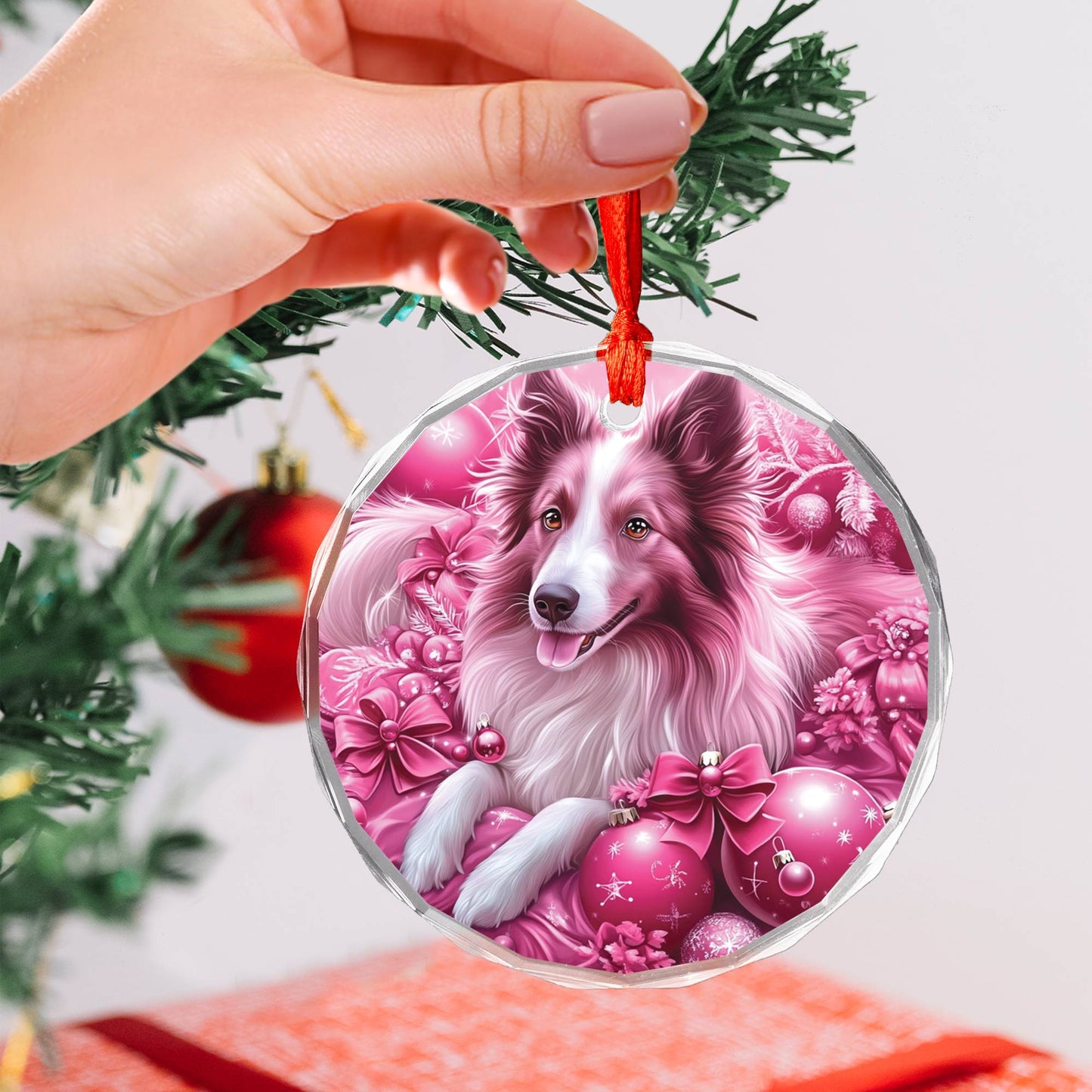Collie Dog Pink Christmas Design 3 Glass Ornament