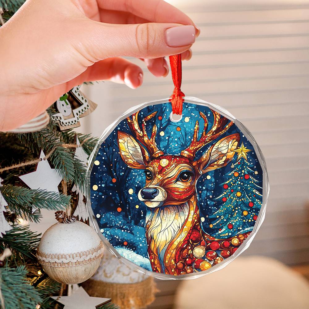 Beautiful Angus Deer Christmas Night Design 3 Glass Ornament