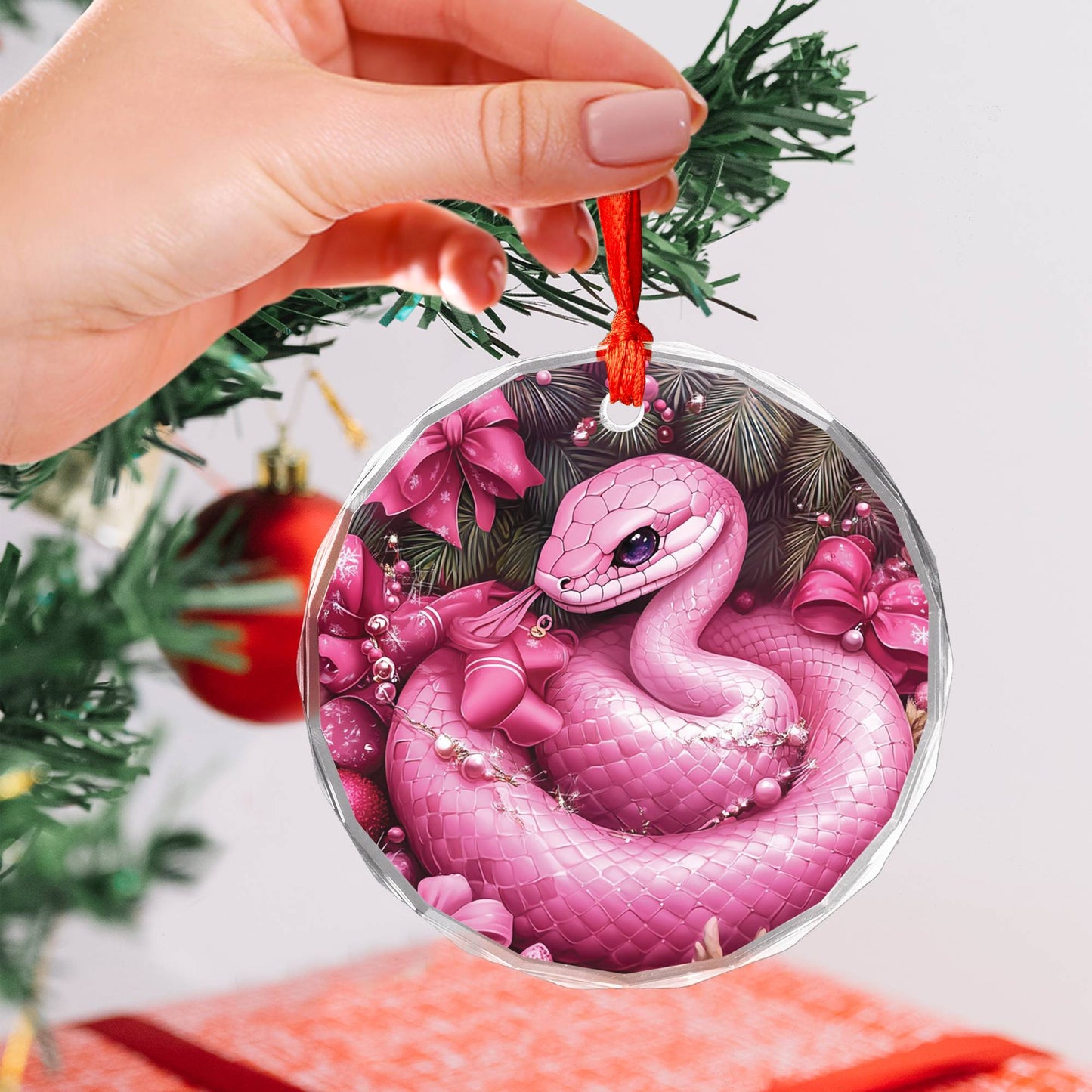 Snake Pink Christmas Design 2 Glass Ornament
