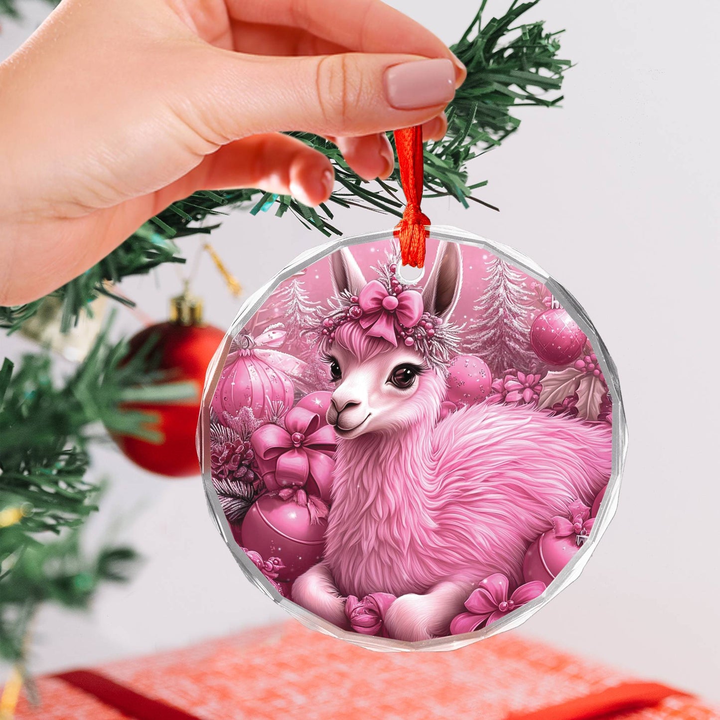 Llama Pink Christmas Design 2 Glass Ornament