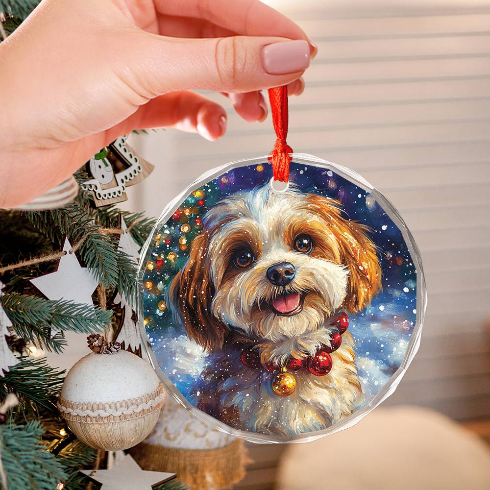 Beautiful Havanese Dog Christmas Night Design 3 Glass Ornament